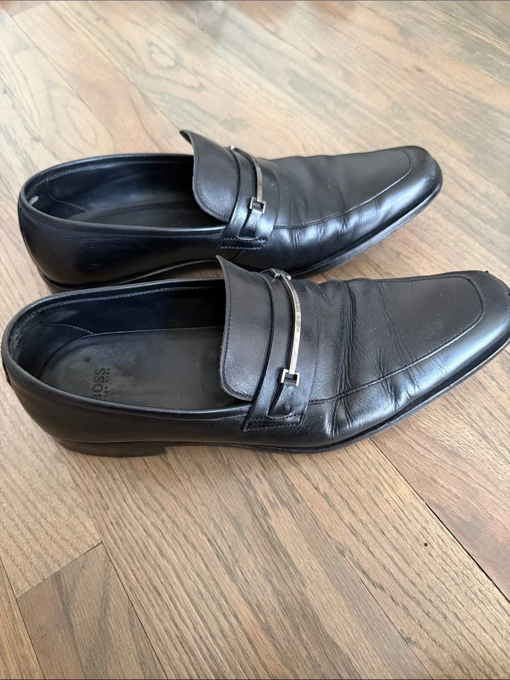 Hugo Boss Black Leather Slip-On Loafers with Silver Bit